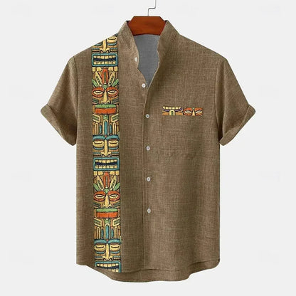 Camisa masculina vintage padrão étnico impresso manga curta lapela camisa verão moda casual rua lapela topo tamanho grande comf