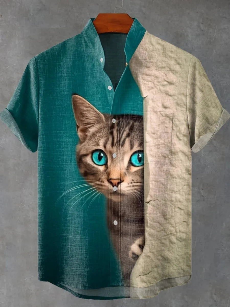 2025 moda casual masculina nova camisa de linho arte impressão bonito gato padrão camisas moda rua casual confortável camisa masculina
