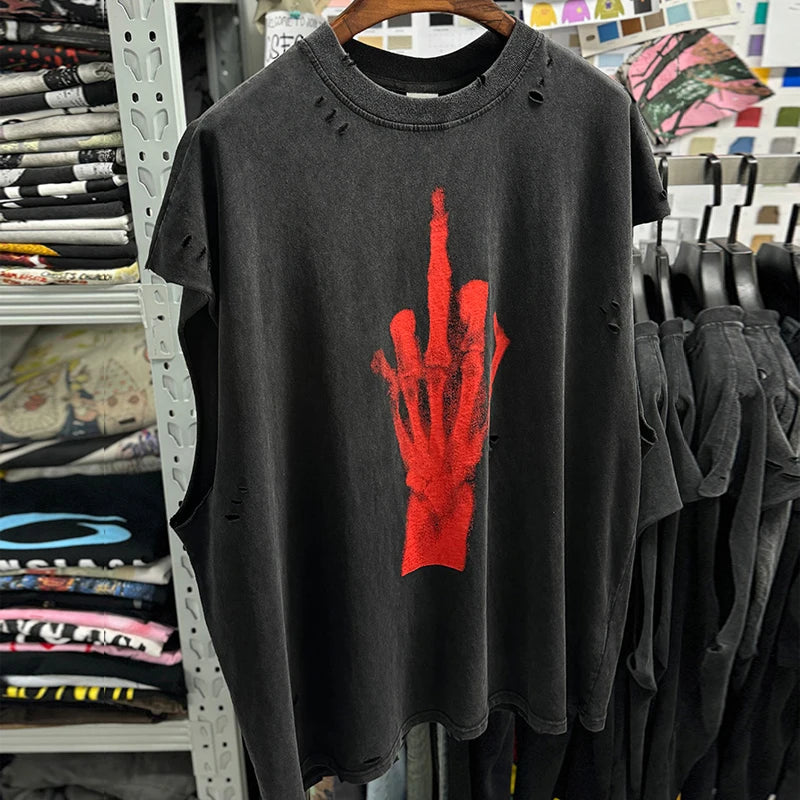 Crânio vermelho impressão de dedo buraco danificado saint tanque t das mulheres dos homens streetwear colete de grandes dimensões vintage washe preto sem mangas t camisa