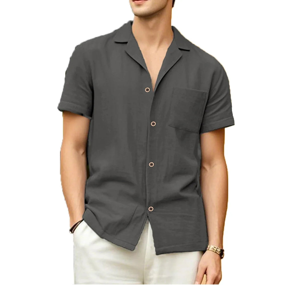 Camisas masculinas de manga curta verão cor sólida respirável solto camisas casuais praia férias estilo masculino topos camisetas