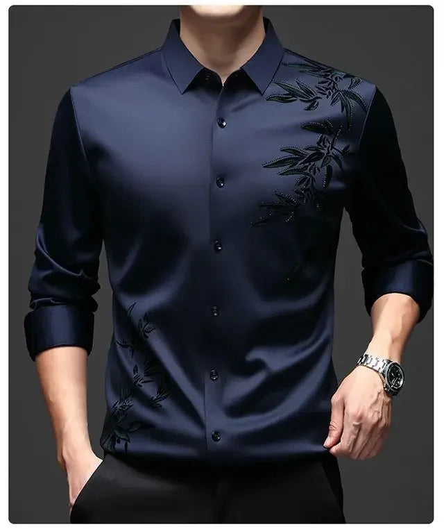 Outono inverno mais lã camisas masculinas impressão anti-rugas térmica turn-down colarinho manga longa banquete único breasted topos