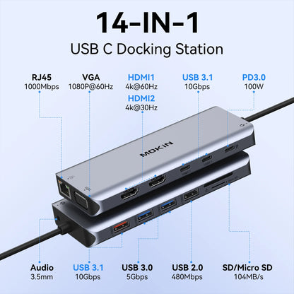 Mokan usb c hub tipo c 4k @ 60hz hdmi hub, vga 3usb 3.1 10gbps pd rj45 sd/tf docking station para macbook air pro acessórios para portátil