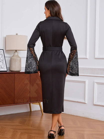 Vestido blazer real feminino manga comprida renda sino punhos duplo breasted com cinto bodycon midi vestido para festa escritório