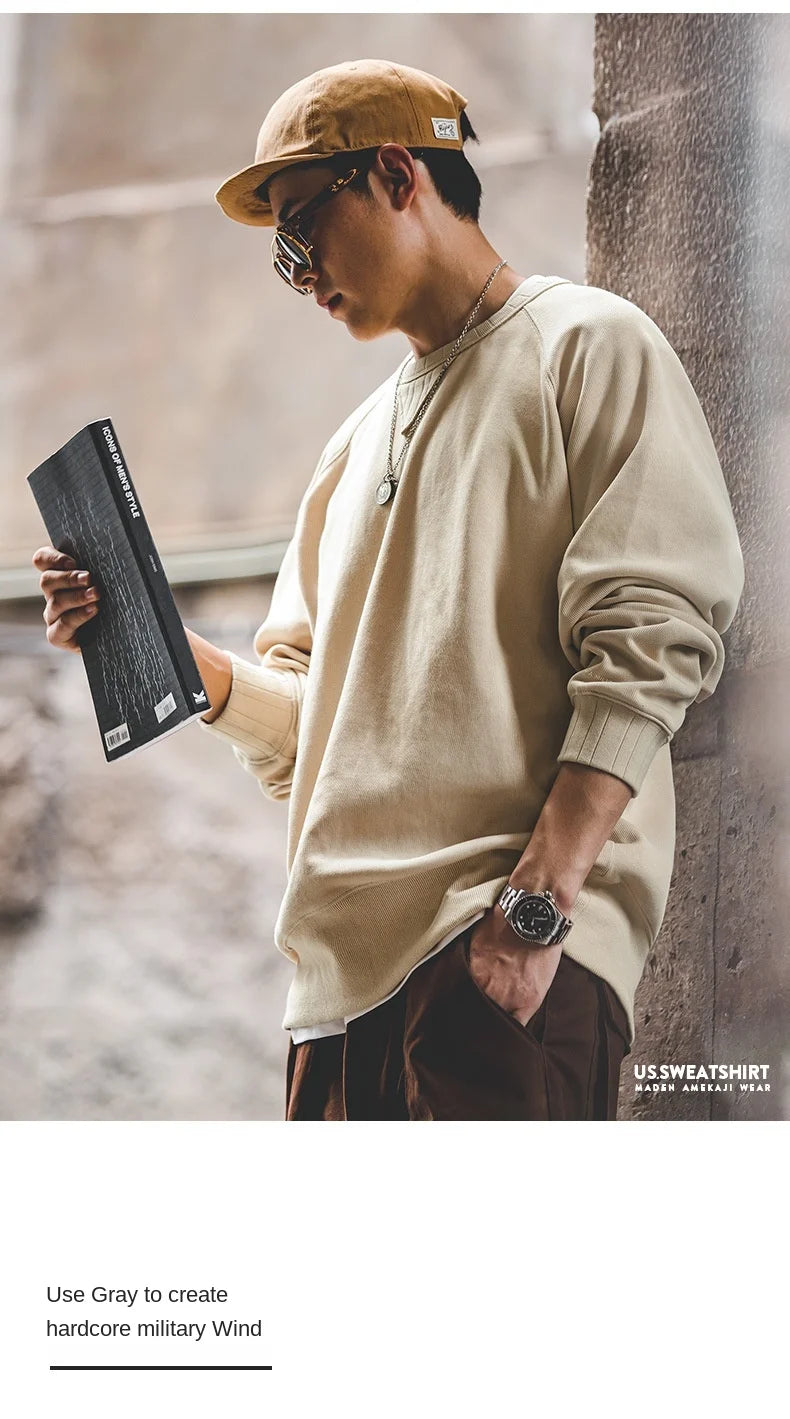 Maden-Hoodies grandes vintage masculino, moletom solto de algodão, monocromático, espesso, moletons quentes, casual, tricô, roupas masculinas