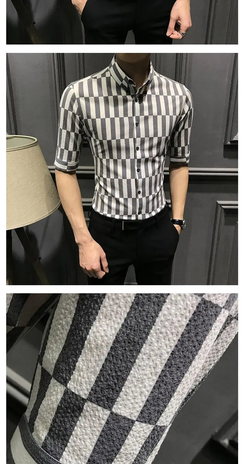 Camisa de manga média listrada estampada masculina, tendência coreana, botão, versátil, gola pontiagudos, top de meia manga, moda verão, novo