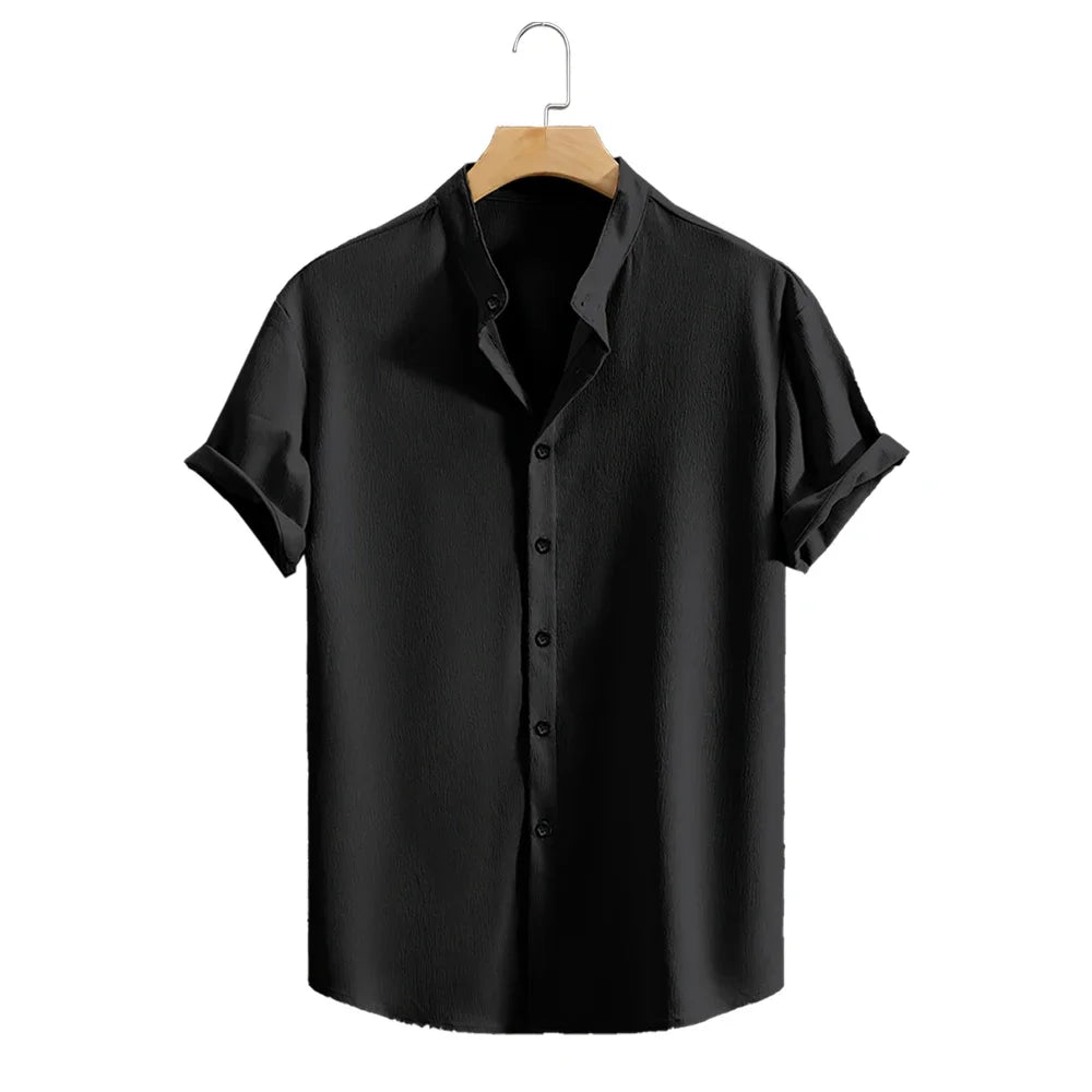 Camisa casual masculina de manga curta, gola alta, verão, cor sólida, manga curta, camisa de linho, respirável, praia, tops masculinos