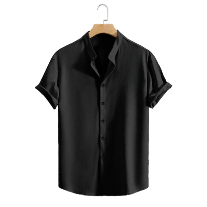 Camisa casual masculina de manga curta, gola alta, verão, cor sólida, manga curta, camisa de linho, respirável, praia, tops masculinos