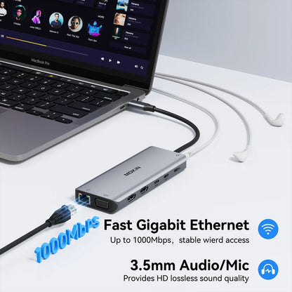 Mokan usb c hub tipo c 4k @ 60hz hdmi hub, vga 3usb 3.1 10gbps pd rj45 sd/tf docking station para macbook air pro acessórios para portátil