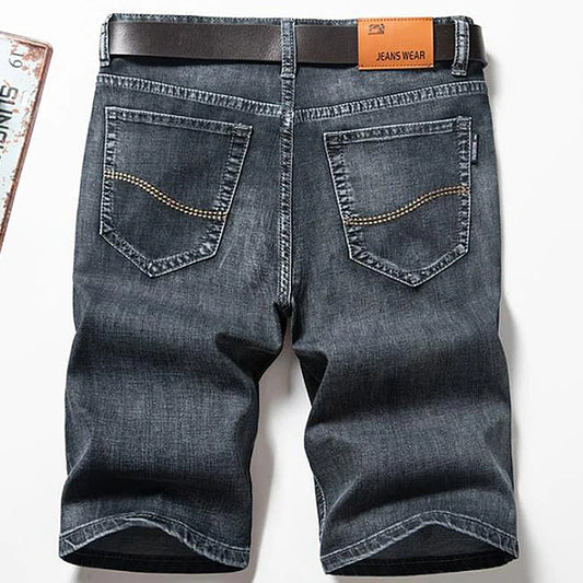 Verão clássico denim shorts masculino perna reta estiramento casual legal fino cor sólida moda versátil calças de comprimento médio