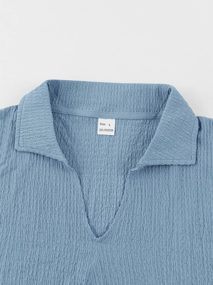 Moda verão roupas texturizadas para homens casual respirável camisa e calças duas peças define lazer masculino ternos de cor sólida