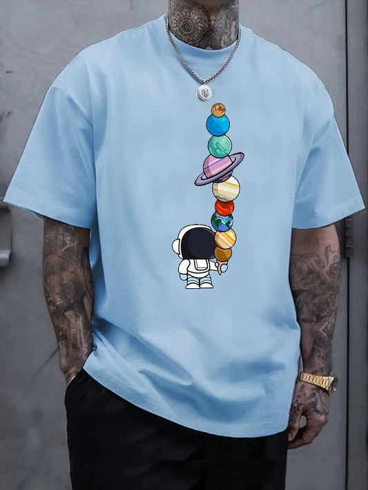 Verão masculino 100% algodão moda casual solto poliéster astronauta planeta padrão impresso em torno do pescoço manga curta camiseta topo