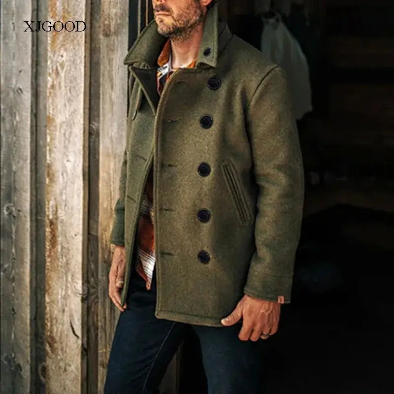 Casaco de lã masculino de cor pura com gola aboa, manga curta e decote em V para jovens no outono.