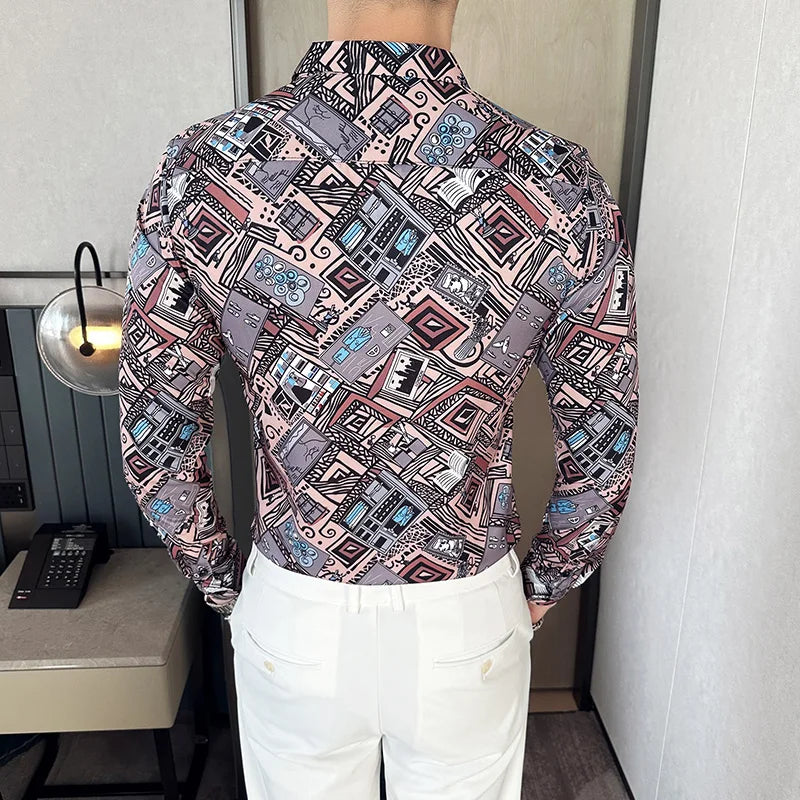 Camisa Coreana Estampada Masculina, Manga Comprida, Fina, Vestido, Festa, Negócios, Social, Boutique, Luxo, Primavera, Outono, 6XL