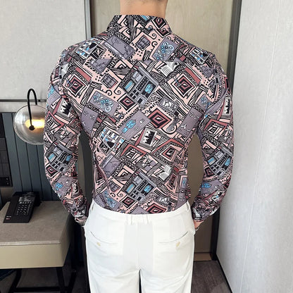 Camisa Coreana Estampada Masculina, Manga Comprida, Fina, Vestido, Festa, Negócios, Social, Boutique, Luxo, Primavera, Outono, 6XL