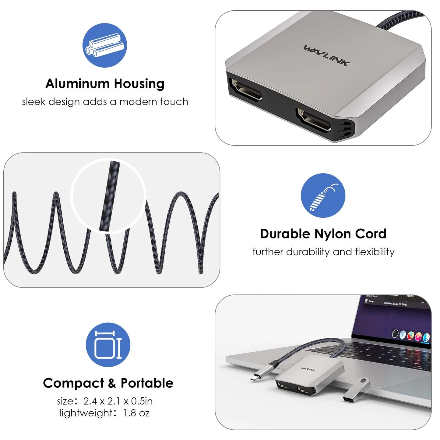 Wavlink 3-em-1 usb c para adaptador hdmi duplo com entrega de energia de 87w 4k @ 60hz para laptops macbook pro/air dell thunderbolt 3/4