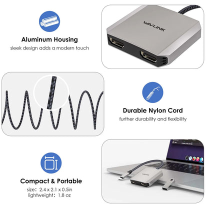 Wavlink 3-em-1 usb c para adaptador hdmi duplo com entrega de energia de 87w 4k @ 60hz para laptops macbook pro/air dell thunderbolt 3/4