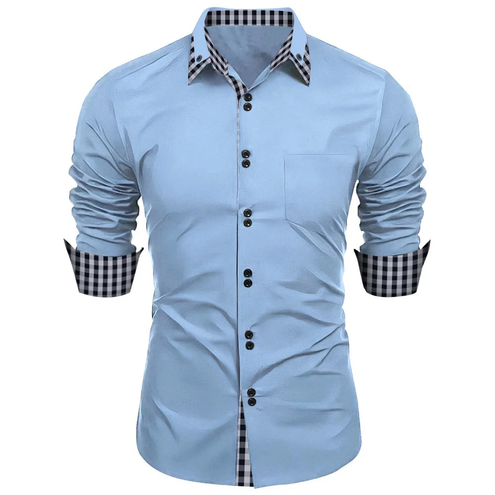 Nova camisa masculina-camiseta tradicional de manga comprida trespassado de cor lisa solta camisa de escritório-top casual de negócios masculino