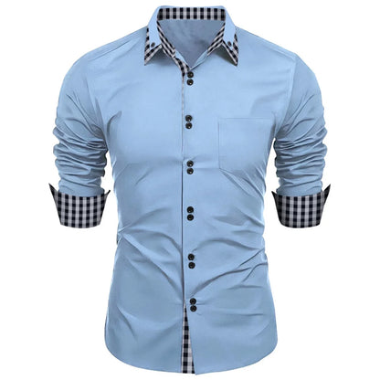 Nova camisa masculina-camiseta tradicional de manga comprida trespassado de cor lisa solta camisa de escritório-top casual de negócios masculino