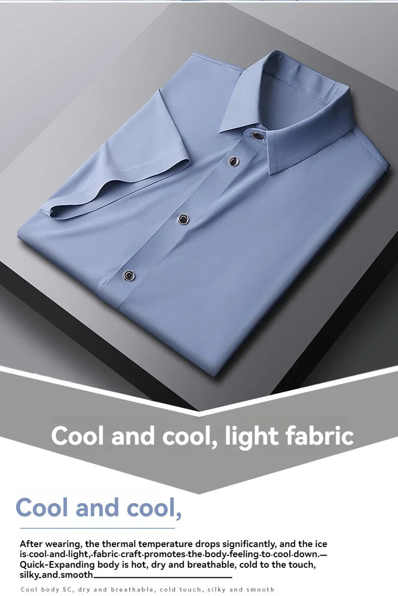 Nova alta qualidade de seda gelo negócios masculinos casual camisa de manga curta verão ultra-fino respirável esportes ao ar livre cor sólida topo