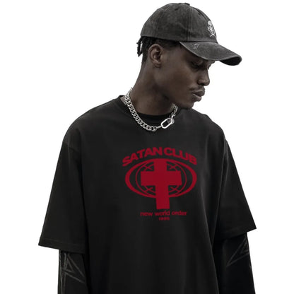Camiseta gráfica estampada do Satan Club dos homens, roupas Hip Hop, tops de manga comprida, streetwear gótico, Harajuku, Y2K, Hip Hop, 2 peças