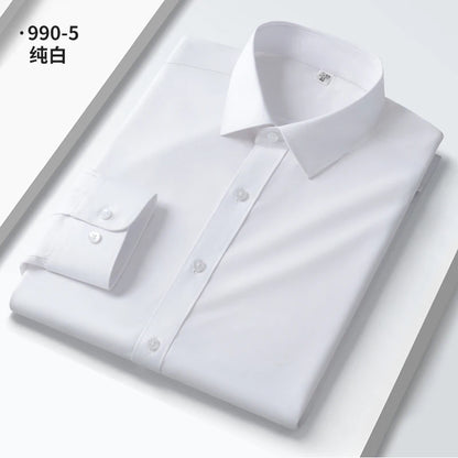 Camisa elástica anti-rugas masculina, manga comprida, slim fit, blusa social e de negócios, vestido branco, qualidade