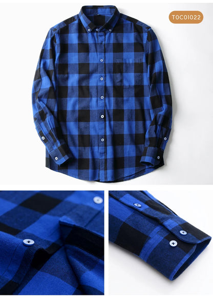 Moda masculina casual xadrez escovado camisa de manga longa, confortável 100% algodão botão para baixo fino ajuste grosso flanela camisas de outono