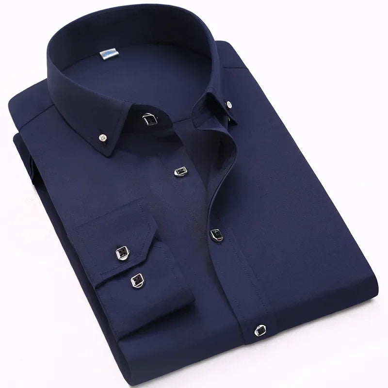 Qualidade de luxo masculino diamante botão sólido vestido camisa casual padrão-ajuste confortável macio camisa de manga longa roupas masculinas
