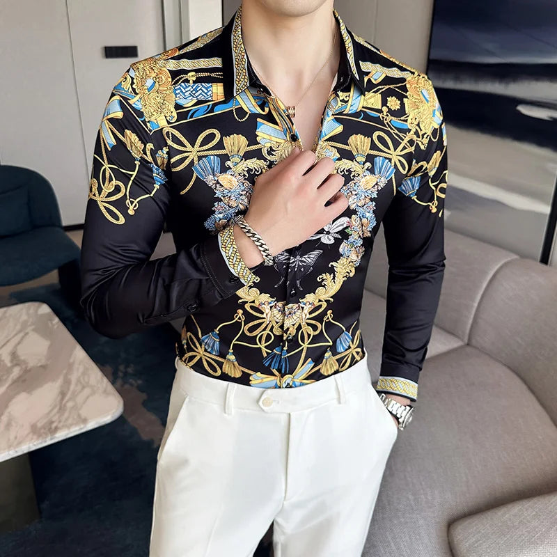 Camisa Coreana Estampada Masculina, Manga Comprida, Fina, Vestido, Festa, Negócios, Social, Boutique, Luxo, Primavera, Outono, 6XL