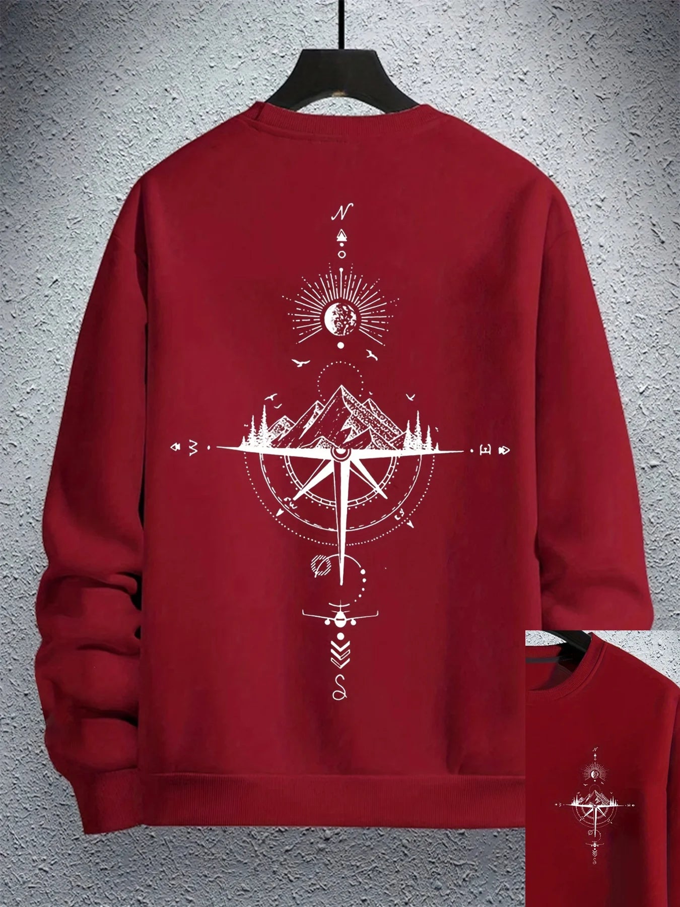 Outono e inverno masculino moda casual solto montanha e bússola impressão gráfica manga comprida em torno do pescoço moletom