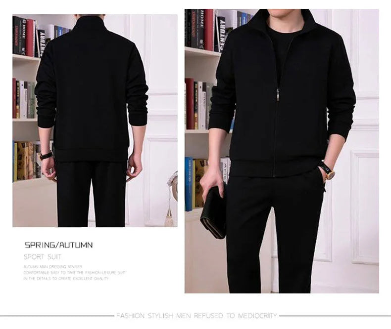 Conjunto de roupas casuais e roupas esportivas de duas peças para homens de meia idade e idosos, conjunto de manga comprida, cardigã de cor sólida de edição pública para