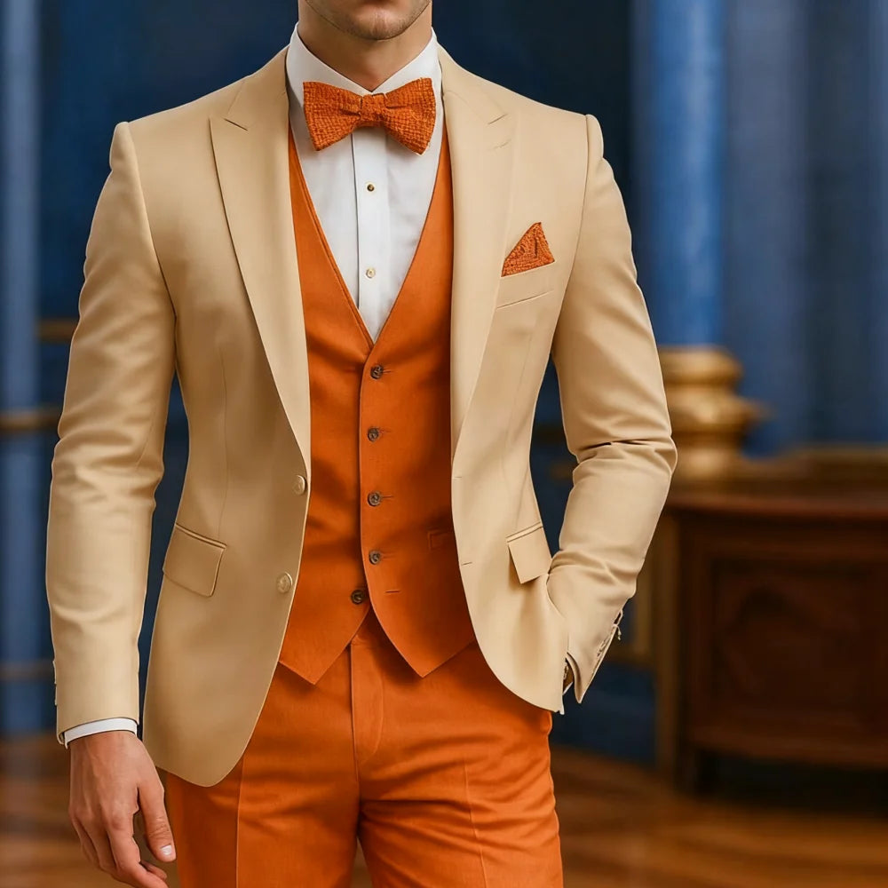 Terno formal branco e laranja masculino, ocasião de casamento, padrinhos, formatura, dança, smoking, 3 peças, traje tradicional masculino