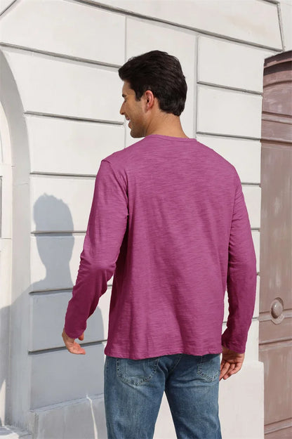 Outono nova camiseta masculina de manga longa casual estilo simples henley pescoço respirável leve algodão topos moda masculina