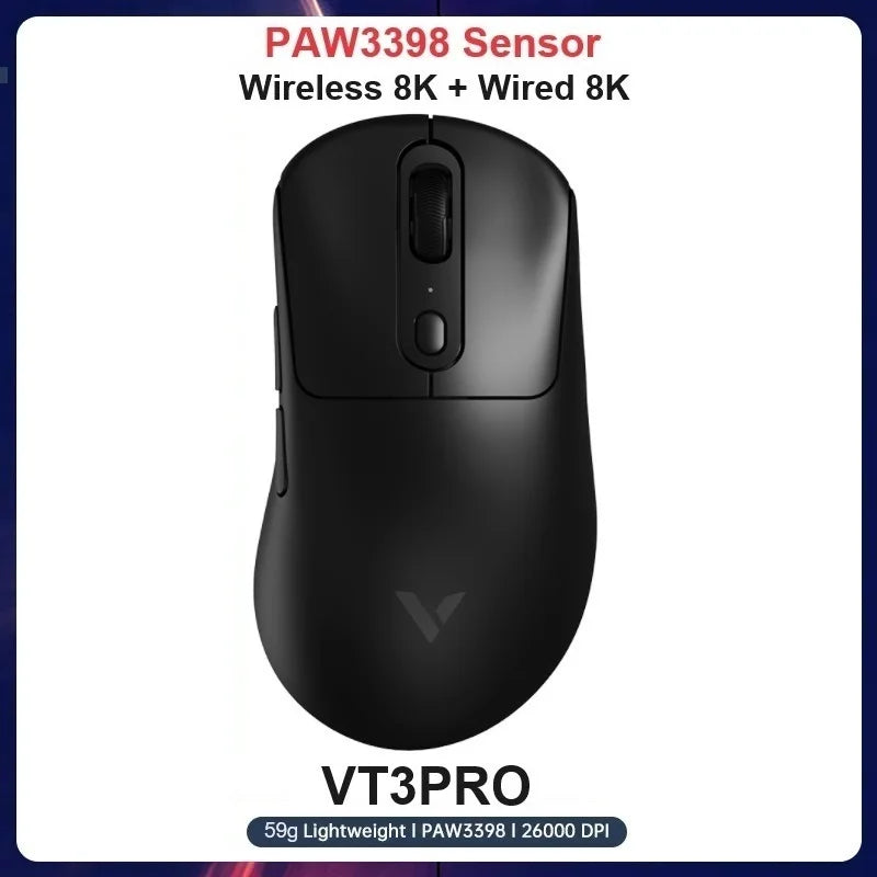 Rapoo vt3pro mouse para jogos sem fio 59g superleve 8khz taxa de pesquisa 26000 dpi paw3398 sensor óptico final longa vida útil da bateria