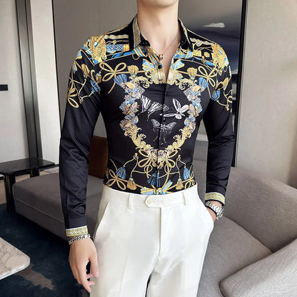 Camisa Coreana Estampada Masculina, Manga Comprida, Fina, Vestido, Festa, Negócios, Social, Boutique, Luxo, Primavera, Outono, 6XL