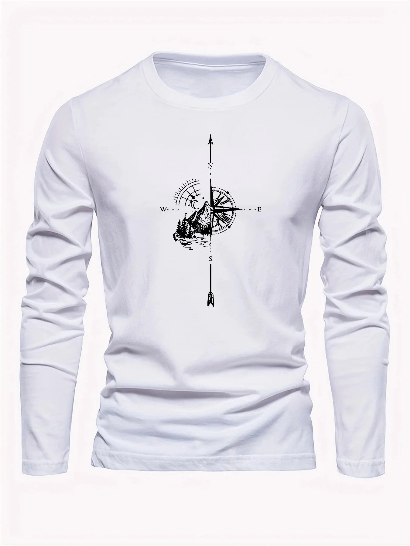 100% algodão puro masculino solto ajuste confortável esportes e lazer montanha bússola padrão impresso em torno do pescoço manga comprida camiseta