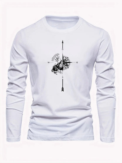 100% algodão puro masculino solto ajuste confortável esportes e lazer montanha bússola padrão impresso em torno do pescoço manga comprida camiseta