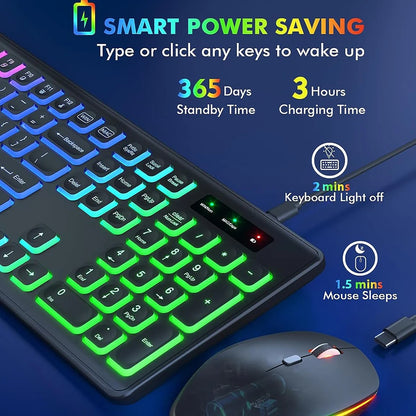 Combo de Teclado e Mouse sem Fio, 2.4G, RGB, Retroiluminado, Recarregável, Tamanho Grande, Ergonômico, Tipo-C