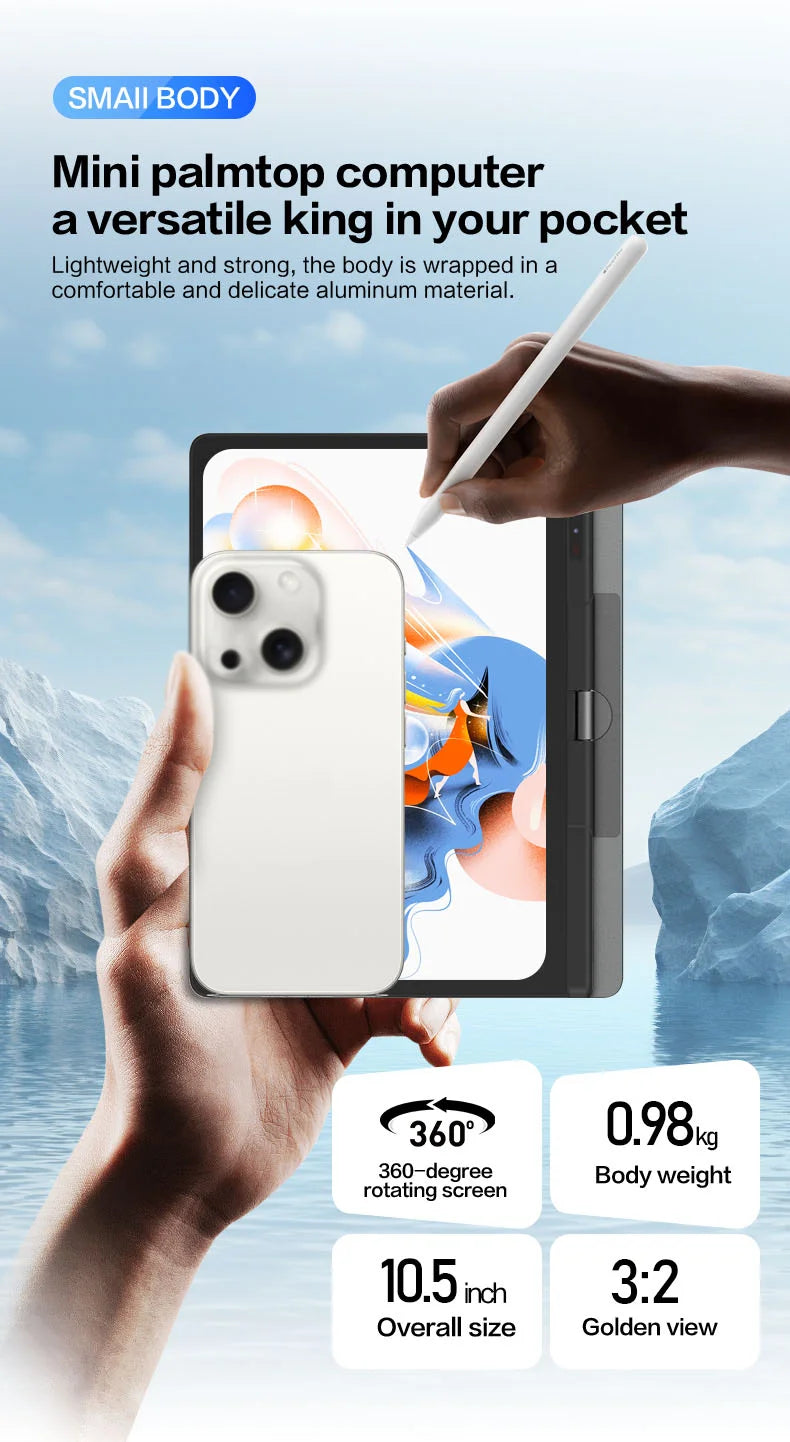 Crelander Yoga Laptop 360° Rotação CPU Intel N150 10,5" Tela sensível ao toque 2K 60Hz Taxa de atualização M2 SSD Desbloqueio facial Mini Laptop