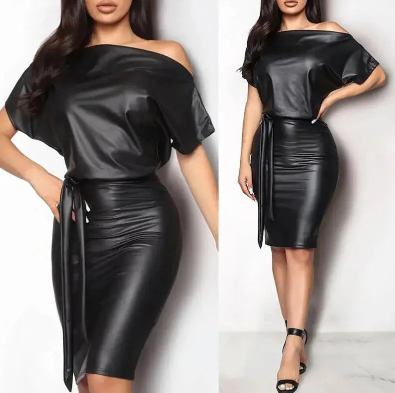Vestidos casuais preto assimétrico sexy falso couro bodycon vestido feminino verão manga longa na altura do joelho lápis