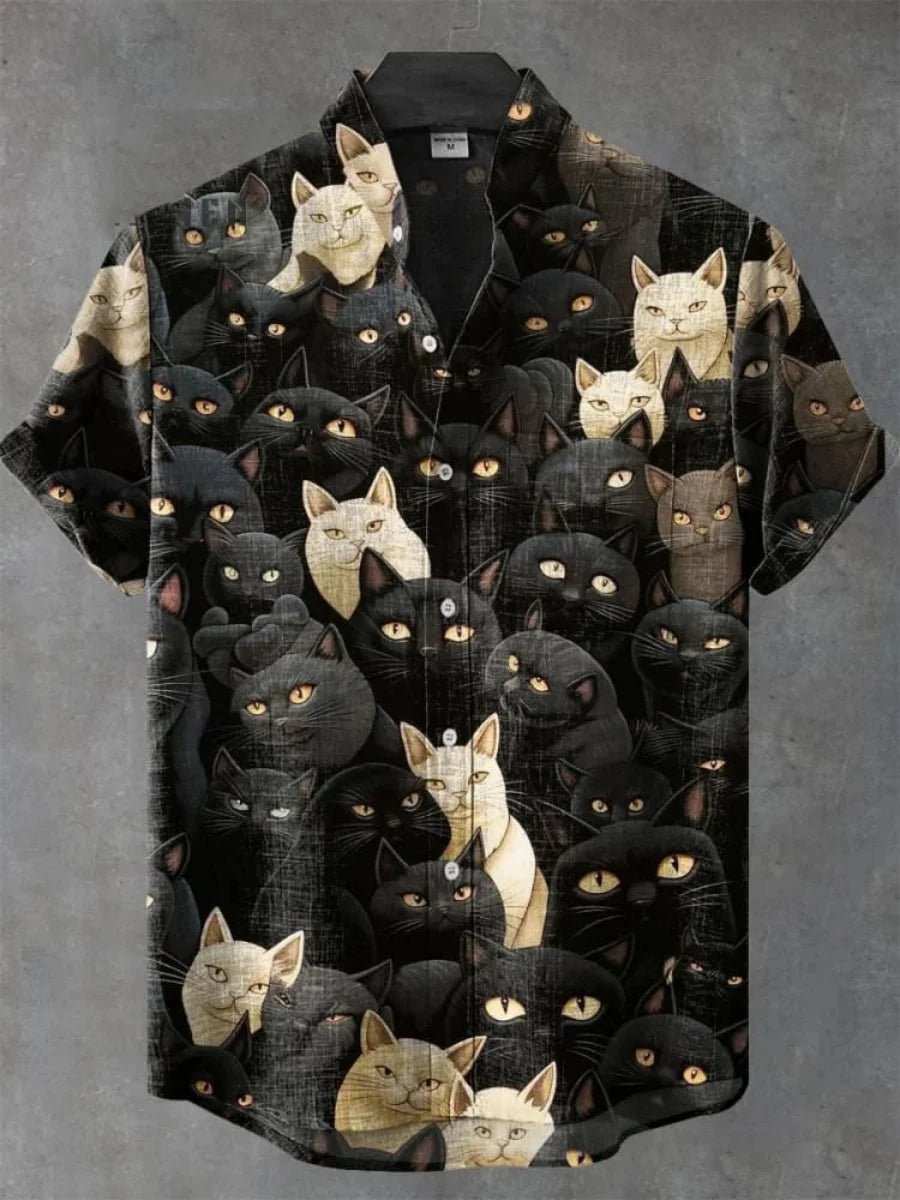 2025 moda casual masculina nova camisa de linho arte impressão bonito gato padrão camisas moda rua casual confortável camisa masculina