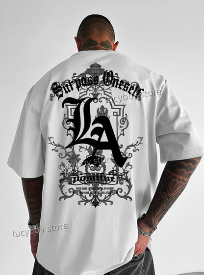 2025 verão masculino esportes solto confortável camiseta masculina carta la impressão masculina de manga curta topo diário rua masculino camiseta