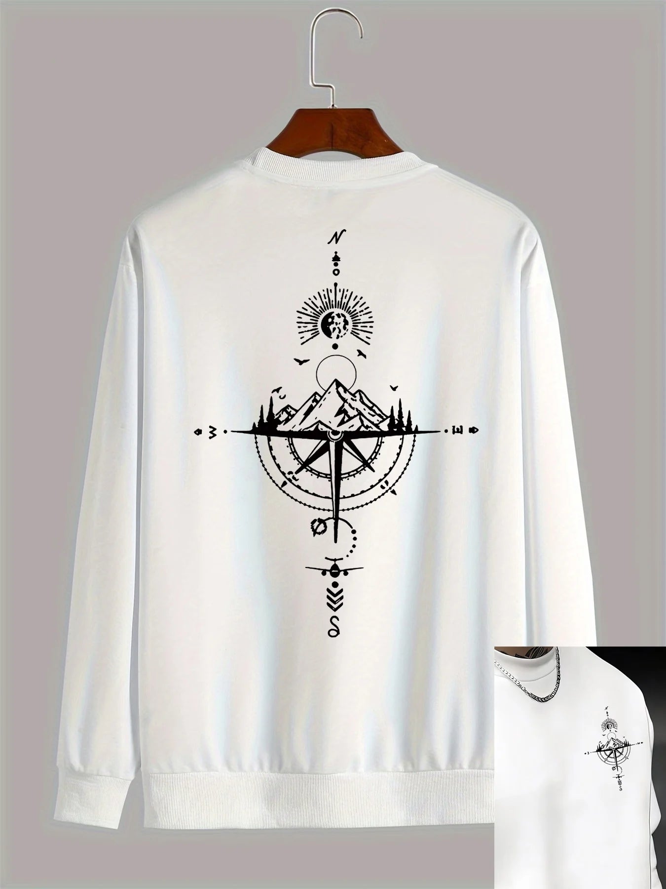 Outono e inverno masculino moda casual solto montanha e bússola impressão gráfica manga comprida em torno do pescoço moletom