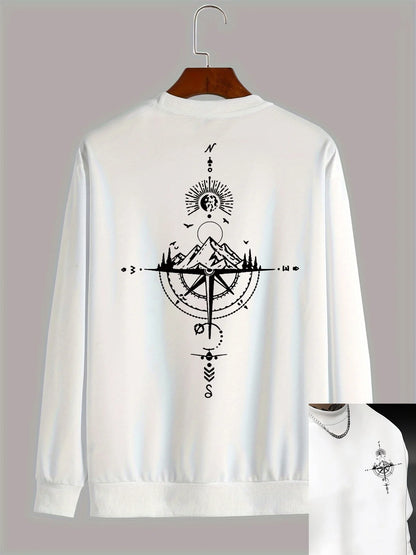 Outono e inverno masculino moda casual solto montanha e bússola impressão gráfica manga comprida em torno do pescoço moletom
