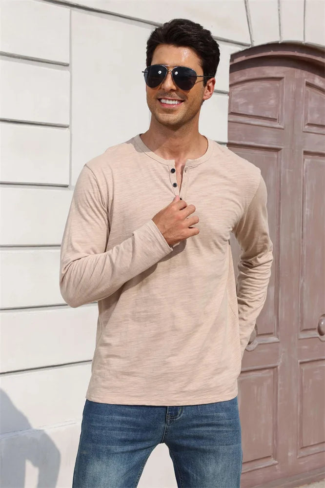 Outono nova camiseta masculina de manga longa casual estilo simples henley pescoço respirável leve algodão topos moda masculina