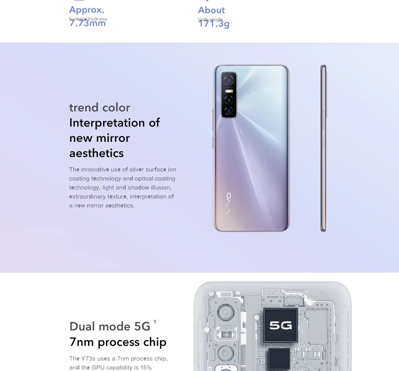 VIVO Y73S 5G 6,44in 2400x1080px Android CPU Dimensidade 720 4100mAh 48MP Câmeras usadas telefone