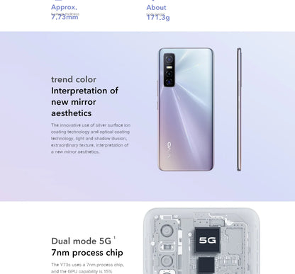 VIVO Y73S 5G 6,44in 2400x1080px Android CPU Dimensidade 720 4100mAh 48MP Câmeras usadas telefone