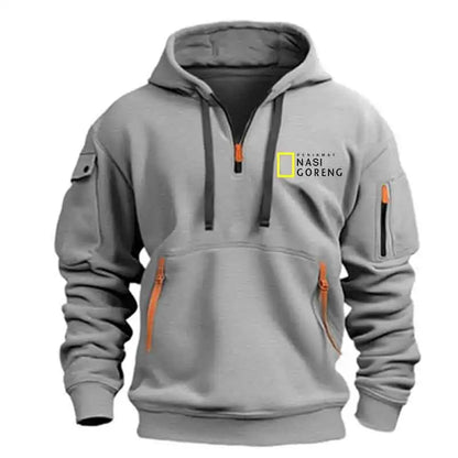 2025 meio zíper impressão hoodie masculino multi-bolso casual esportes manga longa com capuz moletom diário moda fitness pulôver