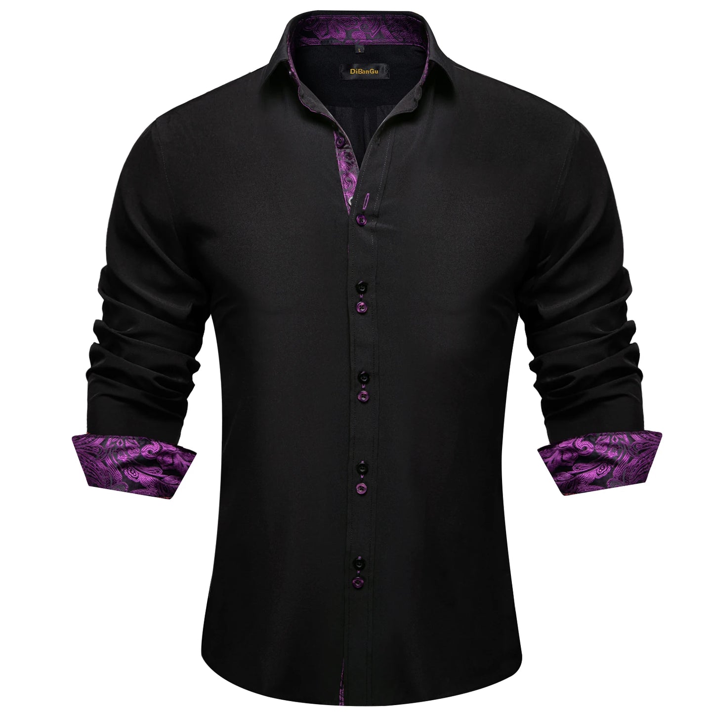 DiBanGu Camisa Masculina de Manga Longa Preto Sólido Vermelho Paisley Cor Contraste Moda Vestido Camisa para Homens Gola Botão para baixo Roupas Masculinas