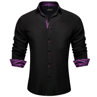 DiBanGu Camisa Masculina de Manga Longa Preto Sólido Vermelho Paisley Cor Contraste Moda Vestido Camisa para Homens Gola Botão para baixo Roupas Masculinas