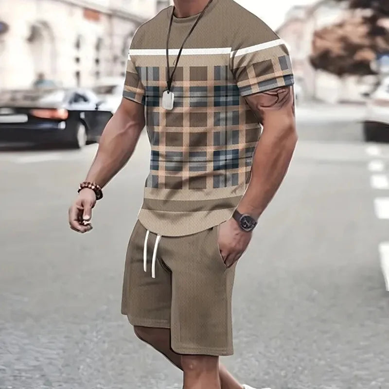 Conjunto de camiseta e shorts estampados em retalhos 3D masculino, traje de treino gola redonda, roupas esportivas casuais, roupas de manga curta, moda verão, 2 peças, 2024